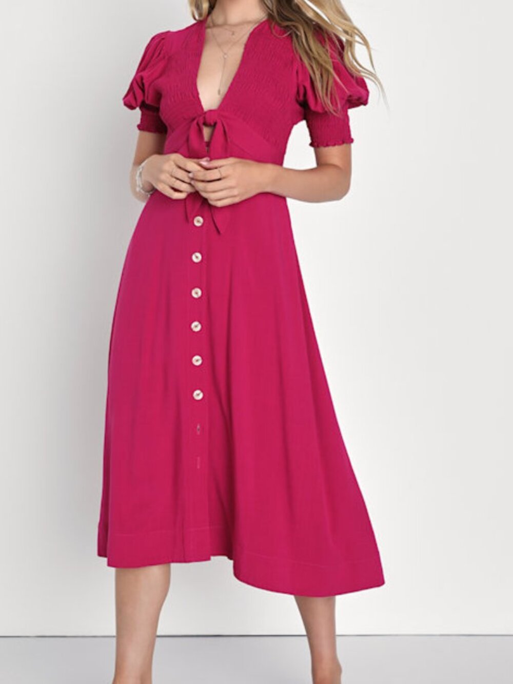 Lulus Featured Cutie Berry Pink Smocked Tie-front Midi Dress - Size XS